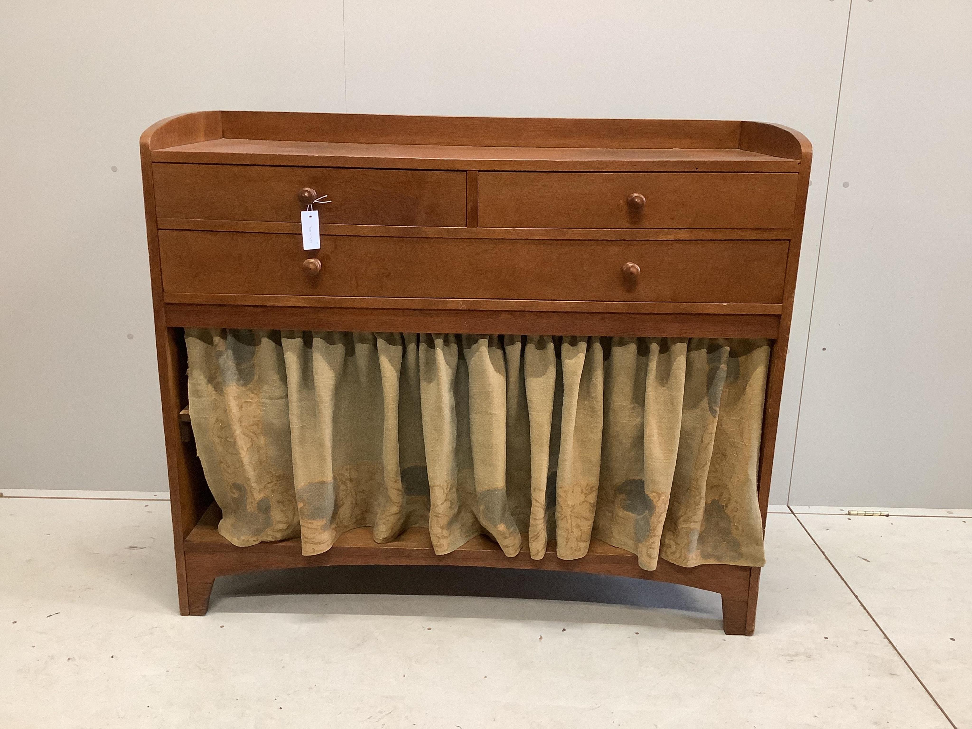 Heal & Son Ltd. A plain oak '507 Cottage Furniture' dresser with curtains, c.1906, width 122cm, depth 46cm, height 104cm. Condition - good